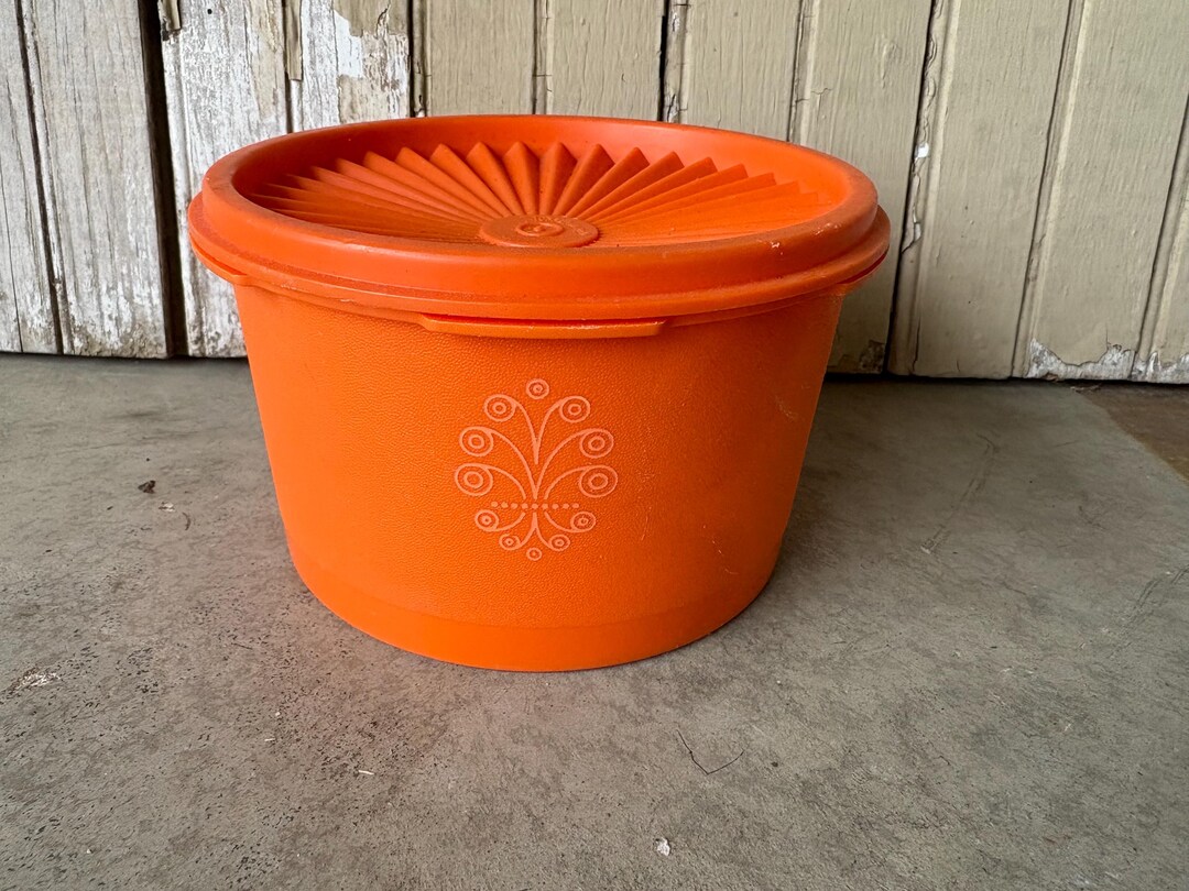 Tupperware Orange Color Vintage Bright Orange Tupperware Servalier Canister With Sunburst Lid ...