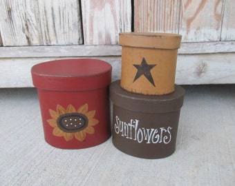 Primitive Sunflower Summer Autumn Fall Hand Painted Set of 3 Oval Stack Boxes GCC3978