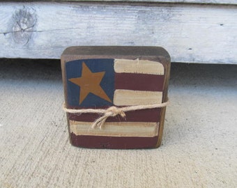 Primitive Mini American Flag Wooden Block with Jute GCC08305