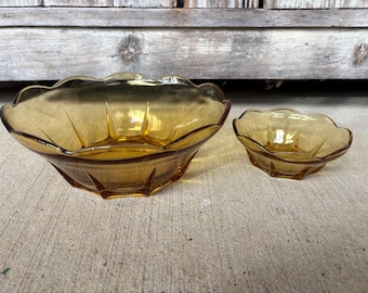 Vintage Amber Anchor Hocking Chip and Dip Bowl Set Serving Set Honey Gold Swedish M 1960’s
