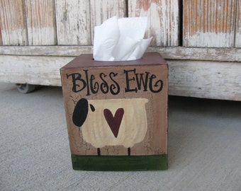 Primitive Bless Ewe Sheep Hand Painted Tissue Box Cover GCC916