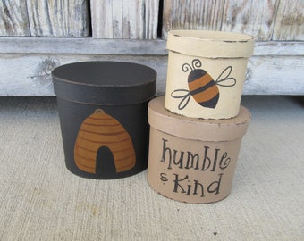 Primitive Bee Humble and Kind Bee Skep and Bee Oval Set of 3 Stack Boxes GCC7824