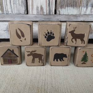 Primitive Northwoods Lodge Cabin Bear Moose Whitetail Deer Pine Tree Bear and Deer Moose Tracks Stacker Mini Blocks GCC8518