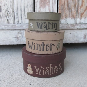 Primitive Warm Winter Wishes Hand Painted Set of 3 Small Round Stacking Boxes GCC6363