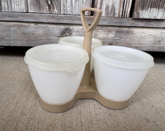 Vintage Tupperware Condiment Caddy #757 with 3 Bowls and Lids. Beige and White