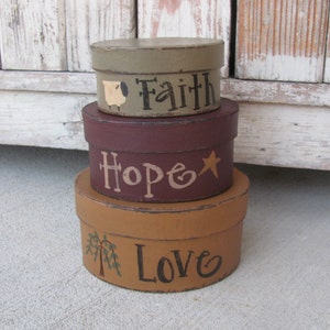 Primitive Hand Painted Faith Hope Love Small Round Set of 3 Stacking Boxes GCC5661