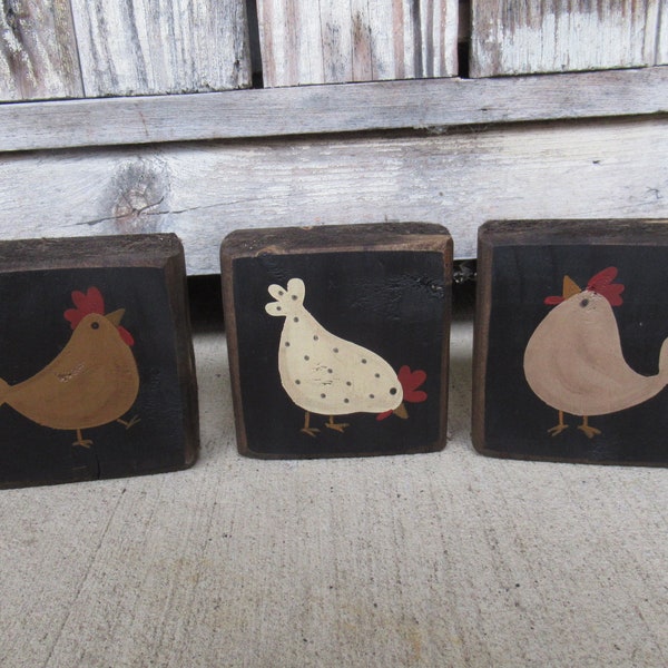 Primitive Country Chicken Mini 3 1/2" Wooden Black Block with Chicken Color Choices  GCC9324