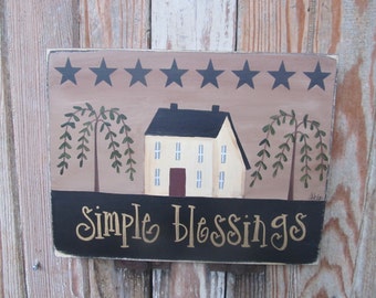 Primitive Hand Painted Saltbox House Willow Trees and Stars Horizontal Personalized Wooden Sign GCC3605