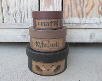 Primitive Country Rooster Round Set of 3 Stacking Boxes GCC5084