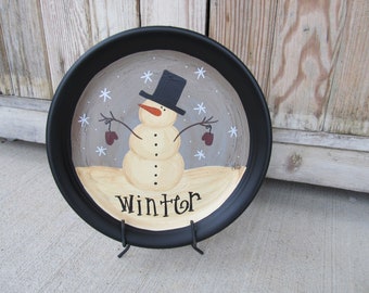 Primitive Hand Painted Snowman with Mittens Winter Plate GCC7239