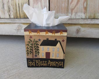 Primitive Americana Patriotic Hand Painted Stars-n-Stripes Tissue Box Cover GCC3337