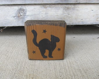 Primitive Autumn Fall Halloween Black Cat and Stars Mini Wooden Block GCC8553