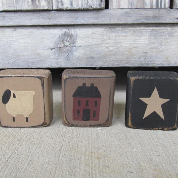 Primitive Country Saltbox Sheep and Star Set of 3 Stacker Mini Blocks GCC08418