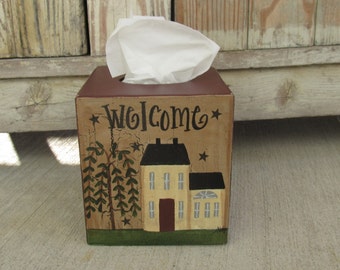 Primitive Cream, Burgundy or Mustard Saltbox and Willow Tree Hand Painted Tissue Box Cover GCC1604