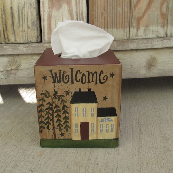 Primitive Cream, Burgundy or Mustard Saltbox and Willow Tree Hand Painted Tissue Box Cover GCC1604