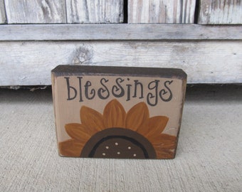 Primitive Summer Fall Half Sunflower Hand Painted Wooden Block with Saying Options  GCC9285