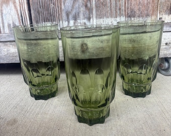 Vintage Hazel Atlas Reflection Green Thumb Print Pattern Drinking Glass 1972 SET OF 3