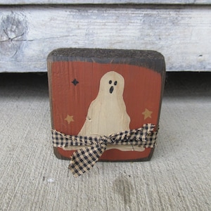 Primitive Halloween Ghost Mini Wooden Block with Homespun GCC8460