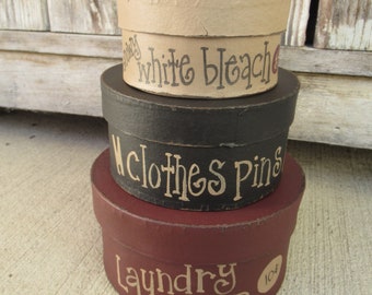 Primitive Laundry Room Snowy White Bleach Clothes Pins Laundry Soap Set of 3 Round Stacking Boxes GCC9094