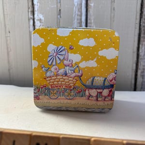 Vintage Enesco Bunny Hop Square Tin Canister with Lid Yellow Polka Dots Sheep Bunny Cart Wagon with Easter Eggs