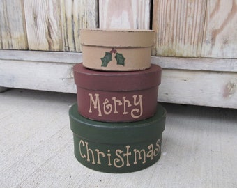 Primitive Merry Christmas with Holly Leaves Hand Painted Set of 3 Small Round Stacking Boxes GCC7230