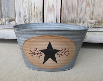 Primitive Country Star and Berries Hand Painted Galvanized Oval Tub GCC7664