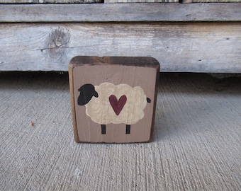 Primitive Sheep with Primitive Heart Mini Wooden Block with Decor Choices GCC09069A
