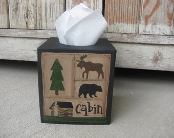 Primitive Rustic Northwoods Lodge Moose Bear and Cabin Sampler Hand Painted Tissue Cover GCC4691