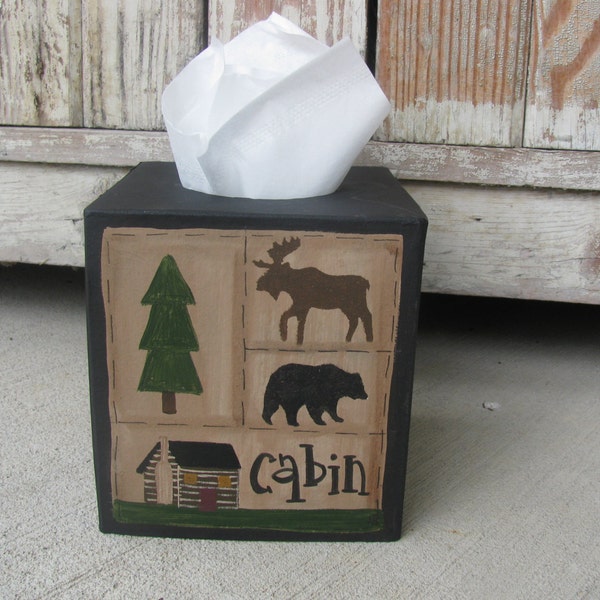 Primitive Rustic Northwoods Lodge Moose Bear and Cabin Sampler Hand Painted Tissue Cover GCC4691