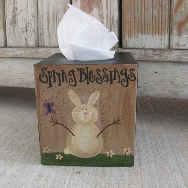 Primitive Bunny and Butterfly with Flowers Hand Painted Tissue Box Cover GCC2349