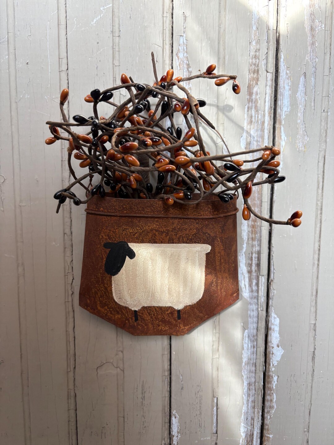 Primitive Wooly Sheep Hand Painted Rusty Tin Hanging Pocket With Pip ...