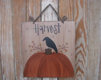 Primitive Autumn Fall Hand Painted Harvest Pumpkin Sign with Crow GCC05883