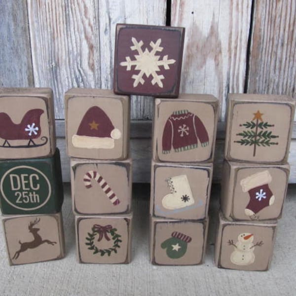 Primitive Winter and Christmas Hand Painted Stacker Mini Block Designs Pick Your Favorites GCC8607