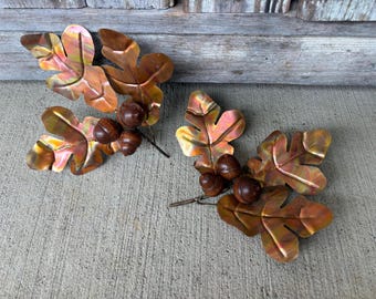 Vintage Homco Copper Fall Autumn Oak Leaves and Acorns Pair Wall Decor