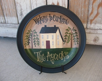 Primitive Saltbox and Willow Trees Hand Painted Personalized Plate GCC1987