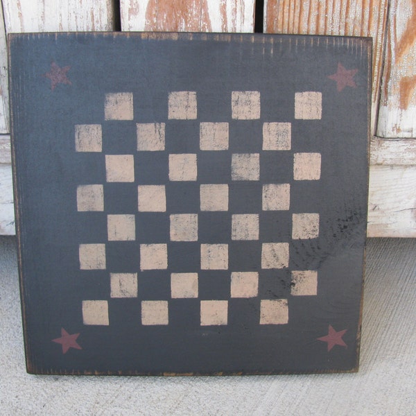 Primitive Black Checker Game Board with Burgundy Stars Hand Stenciled GCC5803