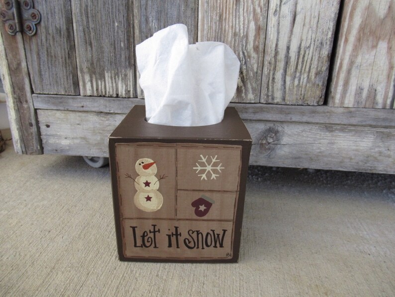 Primitive Let it Snow Snowman Sampler Winter Hand Painted Tissue Box Cover GCC6730 Milk Chocolate Brown