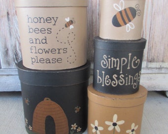 Primitive Spring Summer Honey Bees and Flowers Please Set of 5 Oval Hand Painted Stacking Boxes  GCC9219