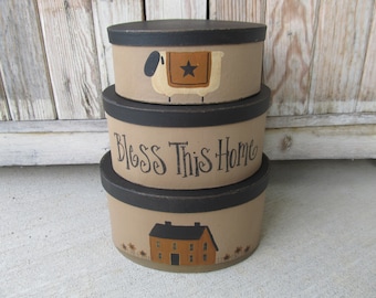 Primitive Bless This Home English Mustard Saltbox and Sheep Set of 3 Oval Stack Boxes GCC7493