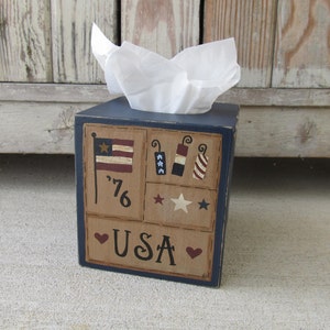 Primitive Americana Patriotic Hand Painted Independence Sampler Tissue Box Cover GCC6645