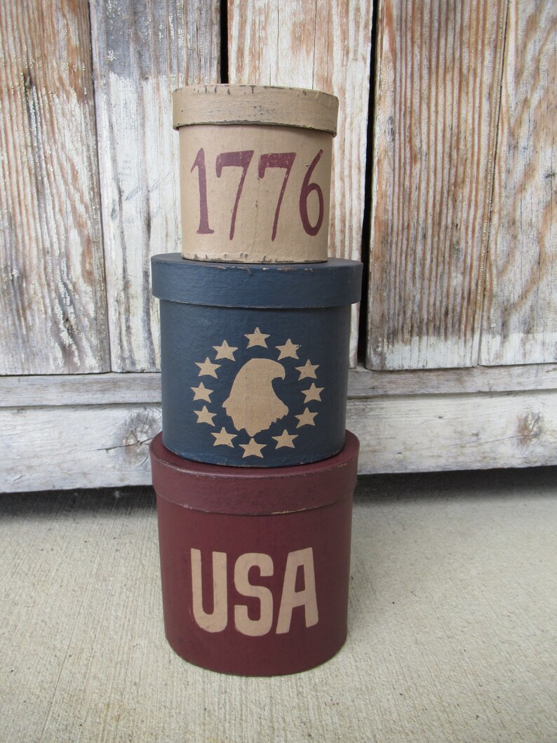 Primitive Colonial Americana Betsy Ross USA 1776 Set of 3 Oval Stacking Boxes GCC9545 image 2