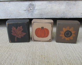 Primitive Country Autumn Fall Leaf Pumpkin and Sunflower Stacker Mini Blocks GCC08442