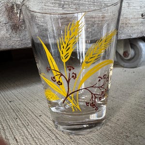 May include: Clear glass tumbler with a yellow wheat and brown floral design. The glass has a slightly flared shape and is sitting on a concrete surface. The design is printed on the outside of the glass.