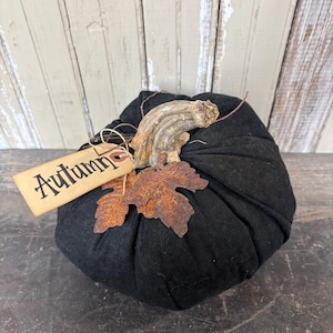 May include: A black fabric pumpkin decoration featuring a curved, textured stem, two rusted metal leaves, and a beige paper tag tied with twine that has the word Autumn printed in black ink on the front of the decorative object.