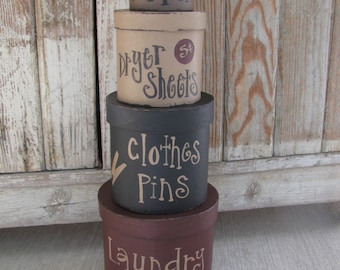 Primitive Laundry Room Set of 4 Round Stacking Boxes with Color Scheme Choices GCC2819