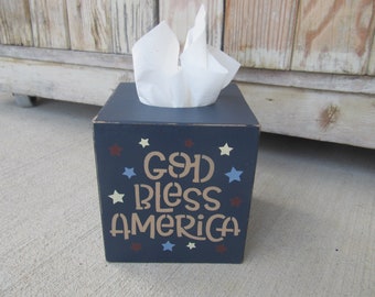Primitive Americana Patriotic God Bless America Hand Painted Tissue Box Cover with Stars GCC6951