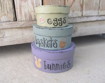 Primitive Spring Time Easter Bunnies and Baskets Set of 3 Round Stacking Boxes GCC6166