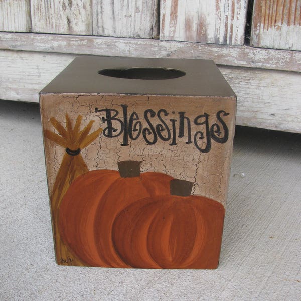 Primitive Blessings Fall Autumn Pumpkin with Wheat Hand Painted Tissue Box Cover GCC1166