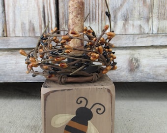 Primitive Spring Summer Bumble Bee Wooden Block Timer Light with Black and Mustard Pip Berry Wreath GCC9528