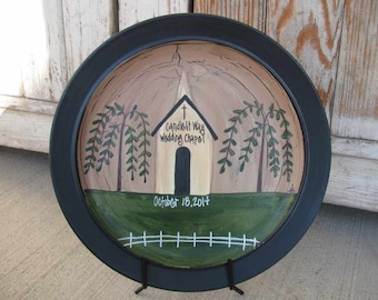 Primitive Saltbox Church with Willow Trees Hand Painted Personalized Wedding Anniversary Decorative Plate GCC00040